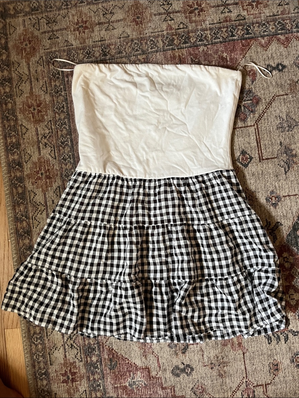 Girls White Strapless Top with Black & White Gingham Tiered Skirt Dress